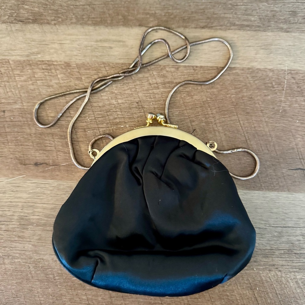 Vintage 50s La Regale Clamshell Purse Cross Body Black Satin Gold Chain